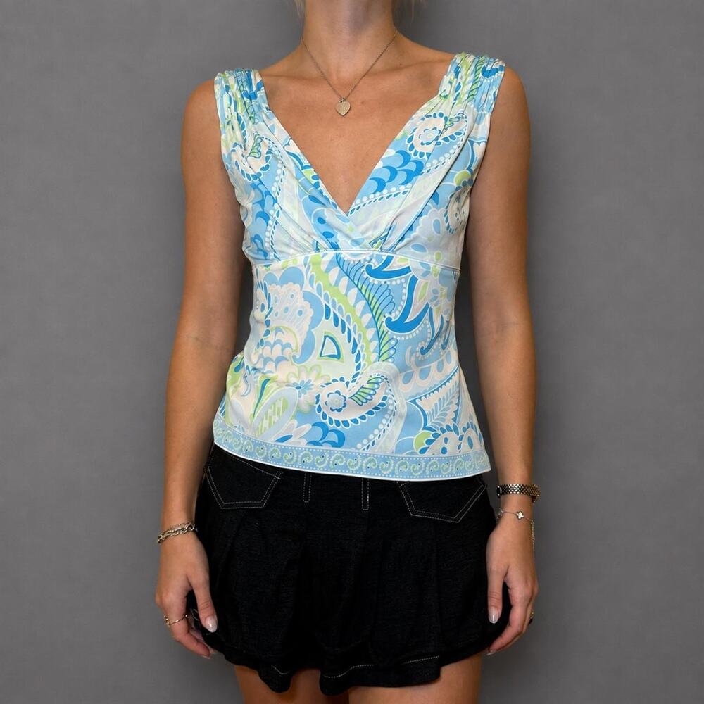 Elie Tahari blue fairy paisley silk designer y2k tank top